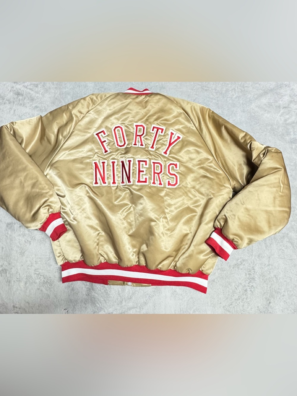 Vintage 80’s 90’s San Francisco 49ers Gold Chalk Line Satin Jacket XL Back Hit